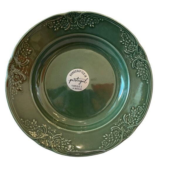 Villa Stoneware Portugal Green Ceramic Bowls 9.5" Floral Border Set of 4 NEW - Picture 12 of 14